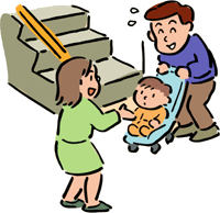ベビー用バギーを押しているお父さんが、階段の前で困っているところを女性の方が手を差し伸べているイラスト