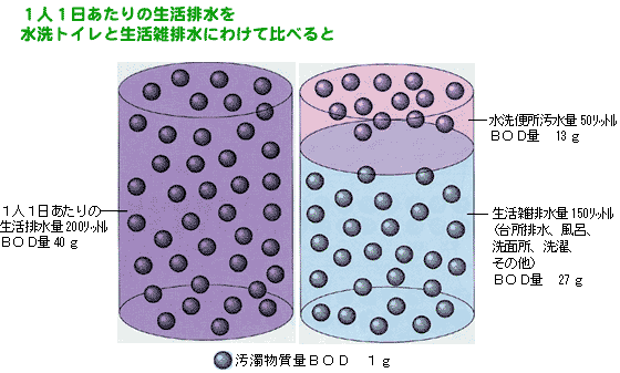 1人1日あたりの生活排水を水洗トイレと生活雑排水にわけて比べると