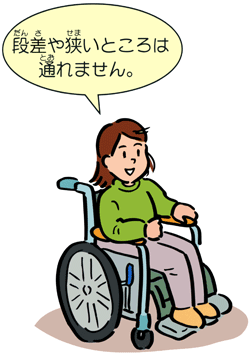 車いすの方のイラスト「段差や狭いところは通れません。」