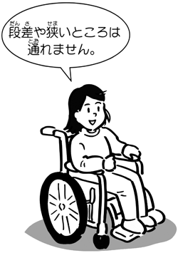 車いすの方のイラスト「段差や狭いところは通れません。」