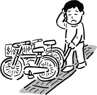 自転車が誘導ブロック上に駐輪されているため、弱視の方の歩行障害になって困っているイラスト
