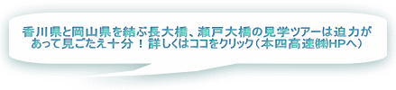 香川県と岡山県を結ぶ長大橋、瀬戸大橋の見学ツアーは迫力があって見ごたえ十分！詳しくはココをクリック（本四高速(株)HPへ）