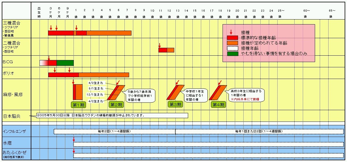 三種混合（3か月～8歳）、二種混合（11歳～13歳）、BCG（出生時～1歳）、ポリオ（3か月～7歳半）麻疹・風疹（第1期～第4期）、日本脳炎（2005年5月30日以降、日本脳炎ワクチンの積極的勧奨は中止）、インフルエンザ、水痘、おたふくかぜは、適宜