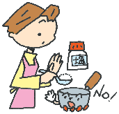 鍋に大量に塩を入れようとする女性とそれを止める鍋