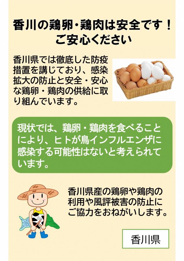 日本では、これまで肉や卵を食べることで、鳥インフルエンザウイルスが人に感染した事例は報告されていません。