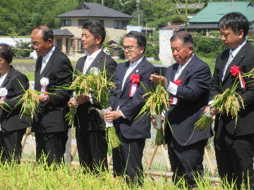 刈り取った稲を手に持つ池田知事の様子