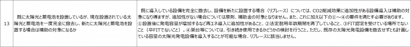 Q13既に太陽光と蓄電池を設置しているが、現在設置されている太陽光と蓄電池を一度完全に撤去し、新たに太陽光と蓄電池を設置する場合